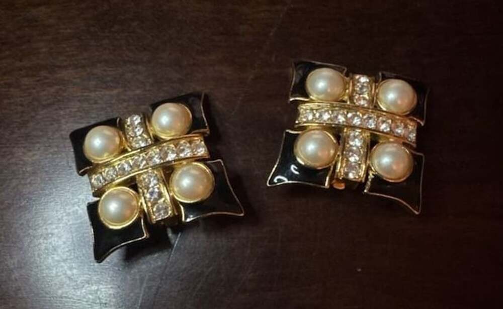 Vintage Craft Gold Metal Black Enamel Pearl and Rhinestone Clip-On Earrings